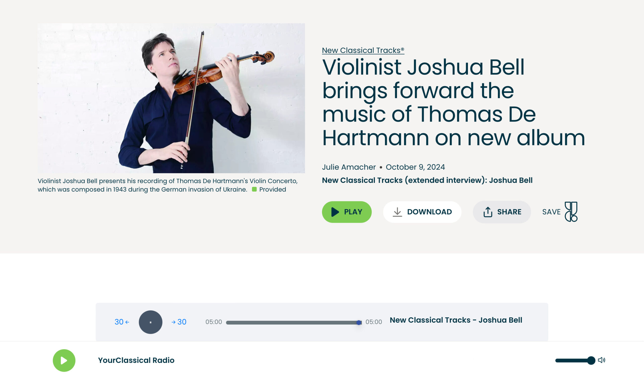 Joshua Bell- National Public Radio interview- YourClassical- Classical Tracks