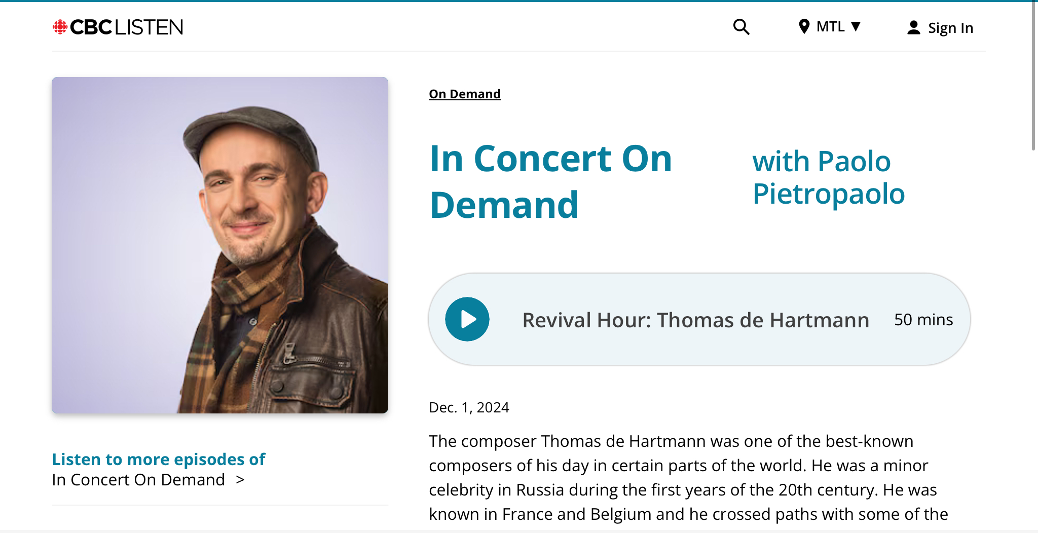 From Canadian Radio CBC features Thomas de Hartmann on Revival Hour